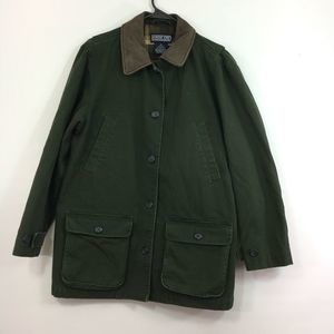 Lands End Leather Collar Plaid Lined Barn Coat